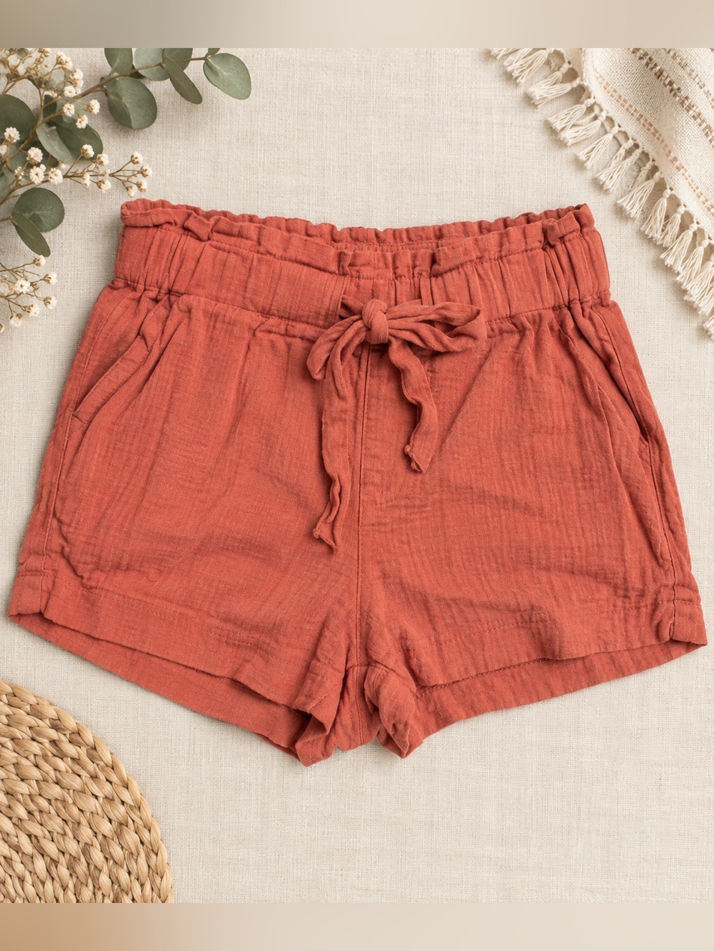 Women's Rust Drawstring Linen-Blend Shorts